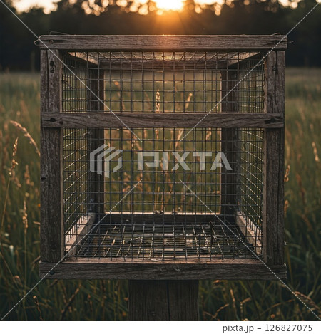 An old wire cage in a field at sunset. 126827075
