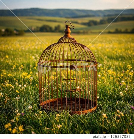 An old cage stands in the middle of a flowering field. An old cage stands in the middle of a flowering field. 126827082