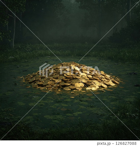 A pile of gold coins in a dark forest swamp. A pile of gold coins in a dark forest swamp. 126827088