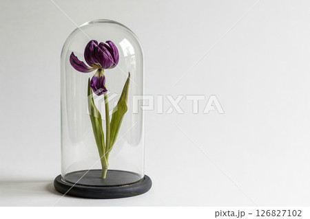 A dried tulip under a glass bell. Space for text. 126827102