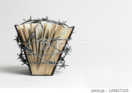 A book wrapped in barbed wire as a symbol of censorship. Space for text. 126827105