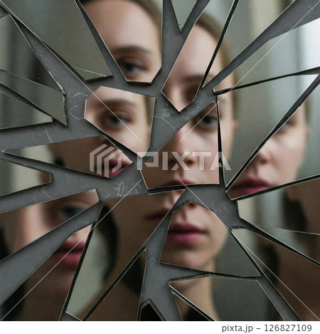 The girl's face is reflected in a broken mirror. 126827109