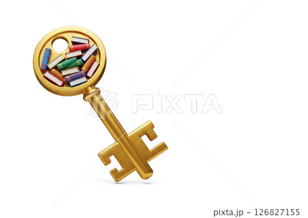 A golden key with miniature books inside. Space for text. 126827155