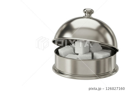 Sugar cubes in a metal dish. Space for text. 126827160