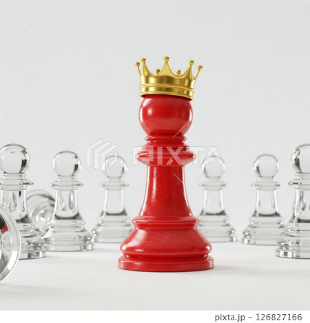 A red pawn with a golden crown among transparent pieces. 126827166