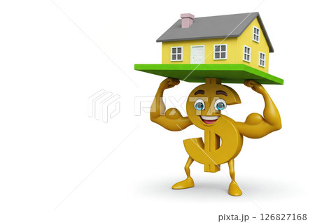 The dollar symbol carries the house with a joyful expression. Space for text. 126827168