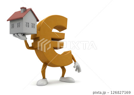 Euro symbol with a house in his hands on a white background. Space for text. 126827169