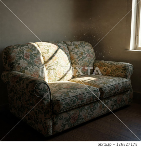 Dust and sunlight on an old flower sofa by the window. 126827178