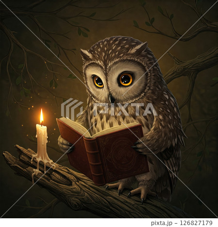 A wise owl reads a book by candlelight in a magical forest. 126827179