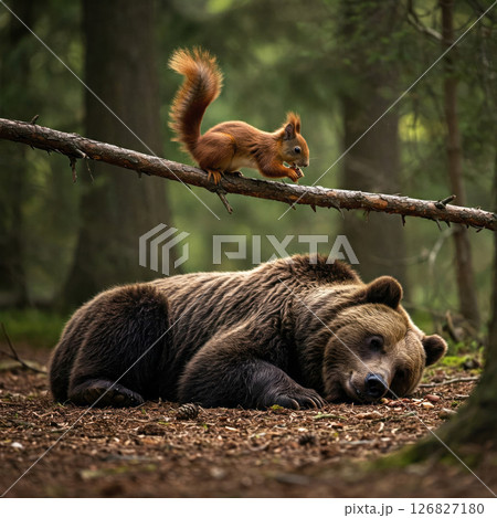 A squirrel on a branch above a sleeping bear in the forest. 126827180
