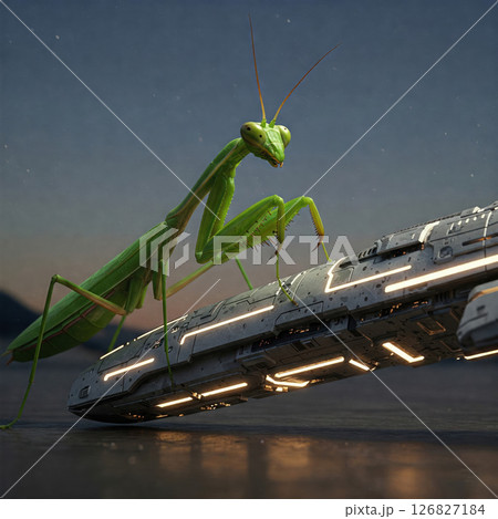 A praying mantis on a spaceship in science fiction. A praying mantis on a spaceship in science fiction. 126827184