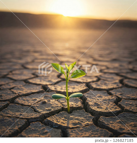 A green sprout breaks through the dry ground at dawn. A green sprout breaks through the dry ground at dawn. 126827185