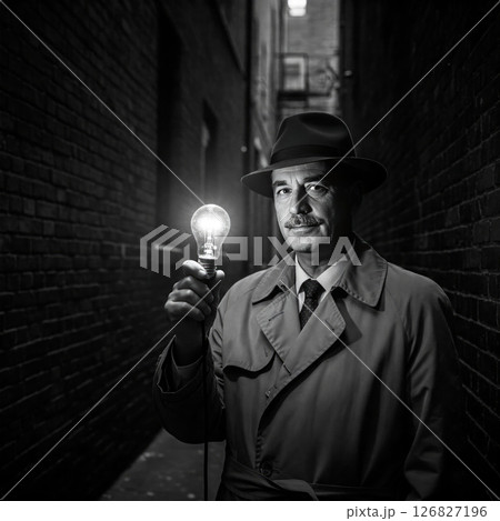 A man with a light bulb in a dark alley. A man with a light bulb in a dark alley. 126827196