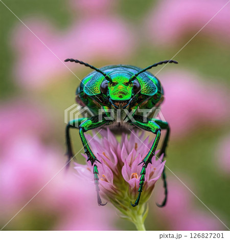 Beetle sitting on a flower on a blurred background. 126827201