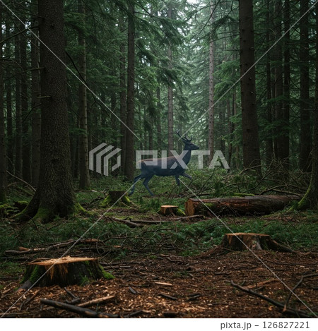 A deer in the forest among felled trees. 126827221