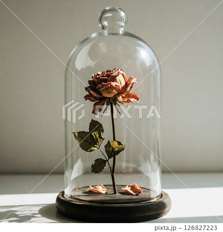 A dried rose under a glass dome in the light. 126827223