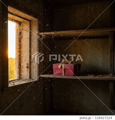 A gift box in a dusty abandoned room at sunset. 126827224