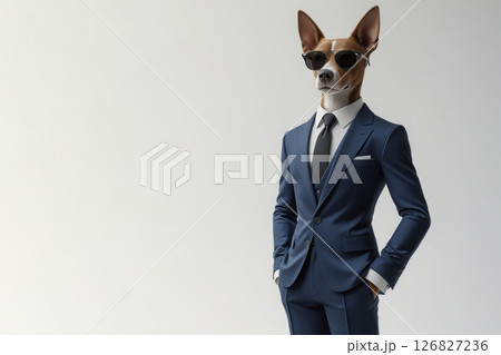 Stylish dog in blue suit and sunglasses. Space for text. 126827236