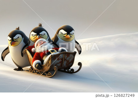 Penguins push sleeping Santa in a sleigh. Space for text. 126827249