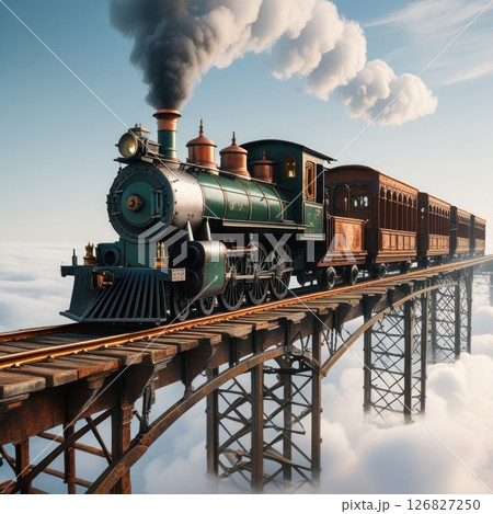 A steam locomotive is driving across a bridge in the clouds. 126827250
