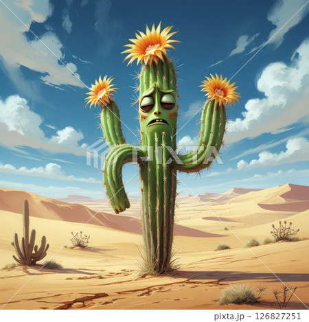 A tired cactus with a face and flowers. 126827251