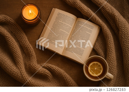 Cozy Self-Care Evening with Candle, Book, and Tea on Knit Blanket 126827283