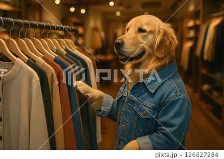 Golden Retriever Shopping in Denim Jacket at Clothing Store 126827284