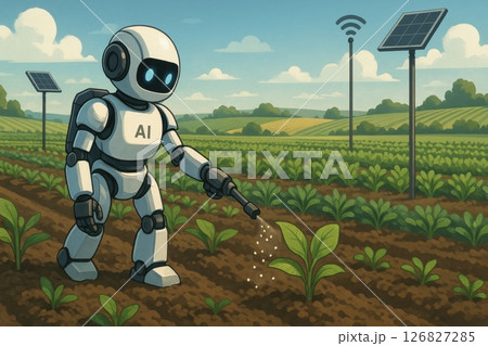 AI Robot Fertilizing Crops in a Sustainable Farm with Solar Panels 126827285