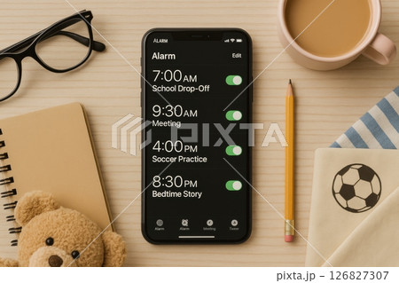 Organized Mom's Daily Schedule with Smartphone Alarms and Essentials 126827307