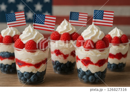 Patriotic Berry Parfait Trio with American Flags and Whipped Cream 126827316
