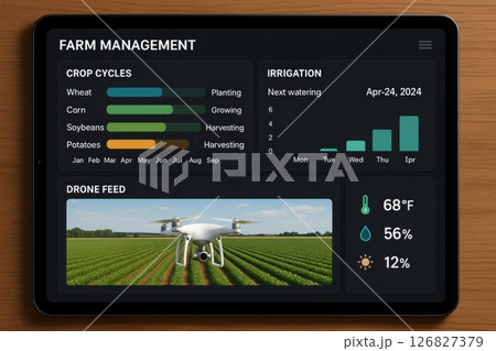 Smart Farm Management Dashboard with Crop and Irrigation Data on Tablet 126827379