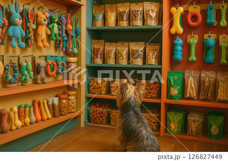 Yorkshire Terrier Exploring Colorful Pet Shop with Toys and Treats 126827449