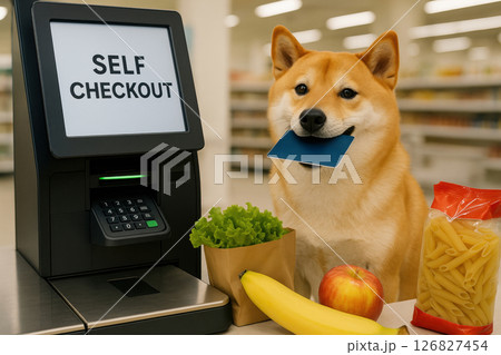 Shiba Inu at Self-Checkout with Groceries and Credit Card 126827454
