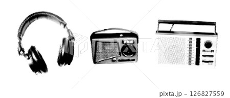 Vintage Headphones and Retro Radios Illustration with Halftone Effect, Representing Classic Audio Technology 126827559
