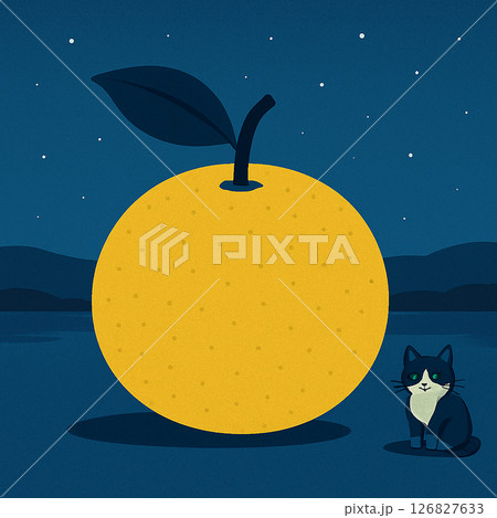 夜空に浮かぶ巨大な梨と黒猫の幻想的なイラスト 126827633