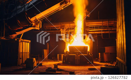 溶鉱炉で燃え上がる炎と鉄鋼工場の内部 / 力強く迫力ある産業現場のビジュアル 溶鉱炉で燃え上がる炎と鉄鋼工場の内部 / 力強く迫力ある産業現場のビジュアル 126827782