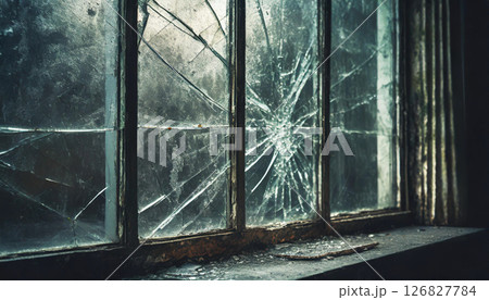 割れたガラス窓のアップと静寂な空間 / 破壊と時間の経過を象徴するアート素材 割れたガラス窓のアップと静寂な空間 / 破壊と時間の経過を象徴するアート素材 126827784