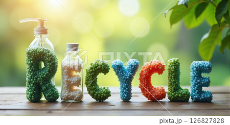 The word recycle as an encouragement to recycle, reuse and remanufacture ecologically and environmentally friendly products in a circular economy in order to protect the environment and conserve 126827828