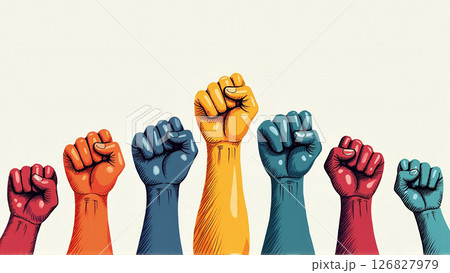 Fists of different colors raised in the air, commonality and diversity in the protest of different causes 126827979