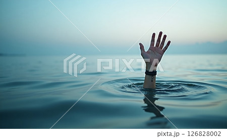 A hand stretches out of the water surface, A person stretching their hand out of the water for help before drowning 126828002