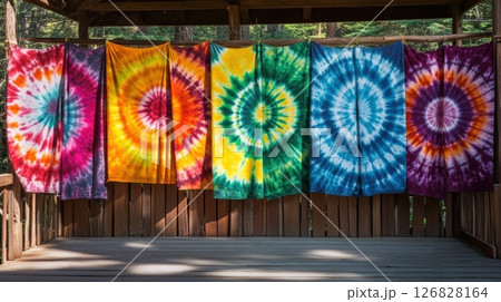 Colorful Tie-Dye Tapestries On A Wall 126828164