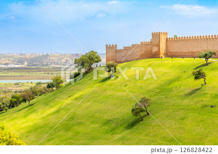 Chellah medieval fortified walls with towers standing on the green grass hill, Rabat, Morocco 126828422