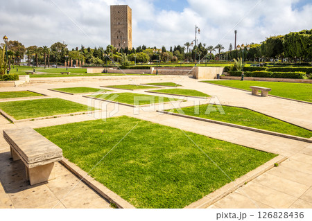 Hassan Tower ancient incomplete mosque minaret and green park in the foreground, Rabat, Morocco Hassan Tower ancient incomplete mosque minaret and green park in the foreground, Rabat, Morocco 126828436