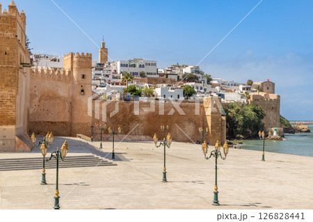 Kasbah of the Udayas ancient bastion walls and towers with old medina town and promenade square, Rabat, Morocco 126828441
