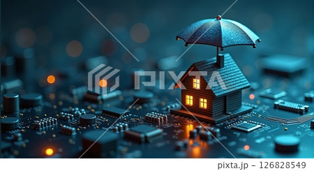 A miniature house nestles under a protective umbrella, symbolizing safety, comfort, and resilience against life's unpredictable storms - ai generated A miniature house nestles under a protective umbrella, symbolizing safety, comfort, and resilience against life's unpredictable storms - ai generated 126828549