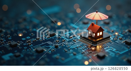 A miniature house nestles under a protective umbrella, symbolizing safety, comfort, and resilience against life's unpredictable storms - ai generated A miniature house nestles under a protective umbrella, symbolizing safety, comfort, and resilience against life's unpredictable storms - ai generated 126828550