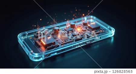 A fully transparent smart phone that unveils its inner electronic landscape, transforming technology into a mesmerizing visual experience A fully transparent smart phone that unveils its inner electronic landscape, transforming technology into a mesmerizing visual experience 126828563