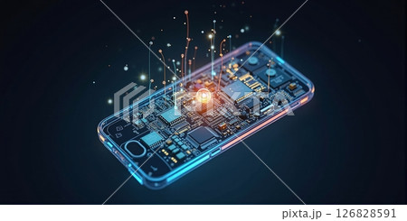 A fully transparent smart phone that unveils its inner electronic landscape, transforming technology into a mesmerizing visual experience 126828591