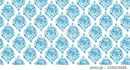 Cute watercolor pattern with blue abstract damask ikat decorated rhombus shapes. Bright watercolour turquoise ethnic tile ornament for textile, wrapping paper, wallpaper, surface design, background Cute watercolor pattern with blue abstract damask ikat decorated rhombus shapes. Bright watercolour turquoise ethnic tile ornament for textile, wrapping paper, wallpaper, surface design, background 126828886