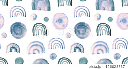 Cute geometric seamless pattern with hand painted watercolor pink and blue color doodle shapes. Fun circles, rainbows and dots kid ornament for textile, wrapping paper, wallpaper, surface design 126828887